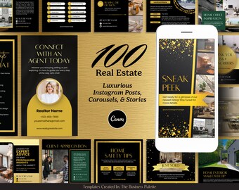 Luxury Real Estate Instagram Posts & Stories | 100 Social Media Canva Templates Bundle | Elegant Gold and Black Theme | Content for Realtors