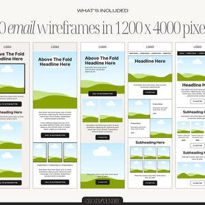 May include: A digital graphic showcasing 10 email wireframes. Each wireframe features placeholders for headlines, subheadings, images, and call-to-action buttons. The design includes a green and blue color scheme with the text "10 email wireframes in 1200 x 4000 pixels."
