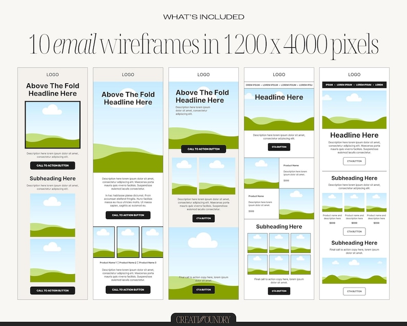 May include: A digital graphic showcasing 10 email wireframes. Each wireframe features placeholders for headlines, subheadings, images, and call-to-action buttons. The design includes a green and blue color scheme with the text "10 email wireframes in 1200 x 4000 pixels."
