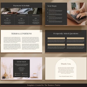 Pu&ograve; includere: Un modello di presentazione con un design minimalista che presenta uno schema di colori bianco e nero con accenti dorati. Il modello include sezioni per il calendario dei pagamenti, i termini e le condizioni, le domande frequenti, le informazioni di contatto e una diapositiva di ringraziamento. Il modello &egrave; progettato per aziende e professionisti.