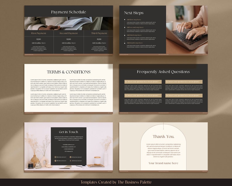 Pu&ograve; includere: Un modello di presentazione con un design minimalista che presenta uno schema di colori bianco e nero con accenti dorati. Il modello include sezioni per il calendario dei pagamenti, i termini e le condizioni, le domande frequenti, le informazioni di contatto e una diapositiva di ringraziamento. Il modello &egrave; progettato per aziende e professionisti.