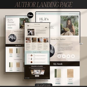 May include: A computer screen displaying a website for an author. The website features a photo of the author, a biography, a list of books, and a newsletter signup form. The website is designed in a minimalist style with a neutral colour palette.