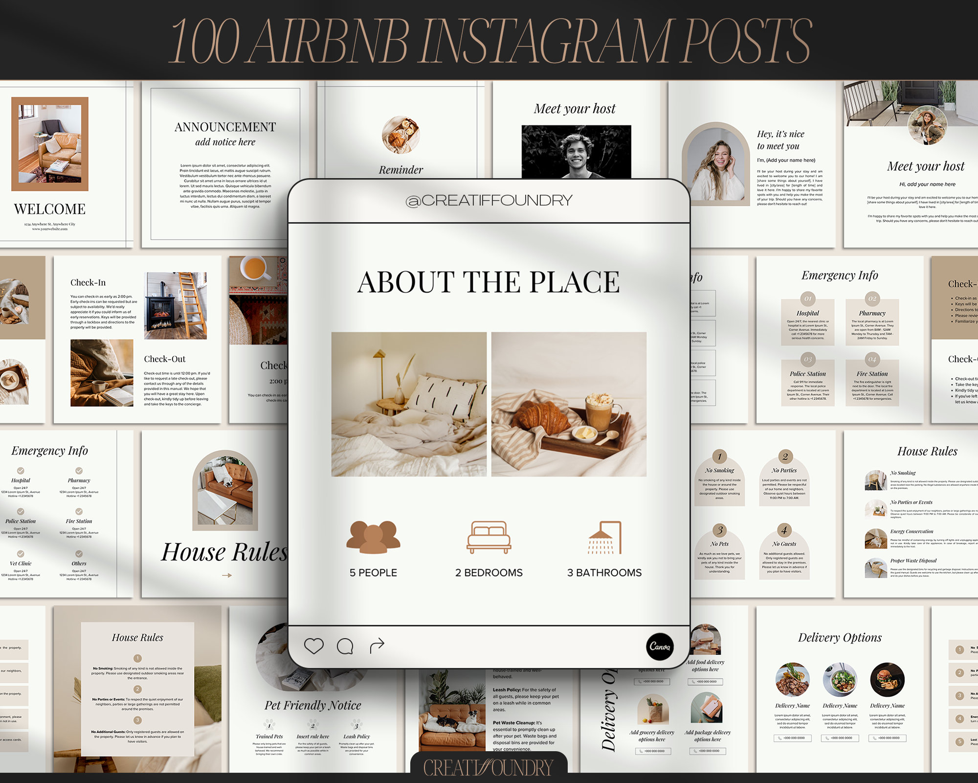 Airbnb Instagram Posts | Customizable in Canva | 100 Templates | 1080 x 1080 Pixels | VRBO Vacation House Rental | Minimalist Guest Guides