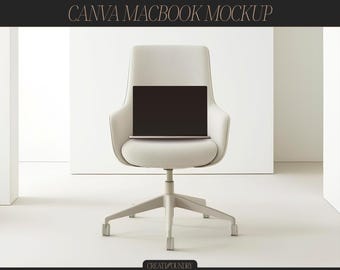 Canva Macbook Mockup Vorlage | Laptop Gerät | Minimalistische elegante Ästhetik | Weißer Bürostuhl | Produktmockup | Website Präsentation