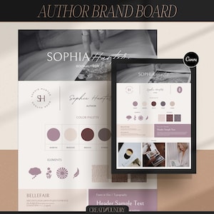 May include: A brand board for an author named Sophia Hunter. The board includes a logo, color palette, font, and header sample text. The color palette includes shades of purple, pink, and brown. The font is Bellefair.