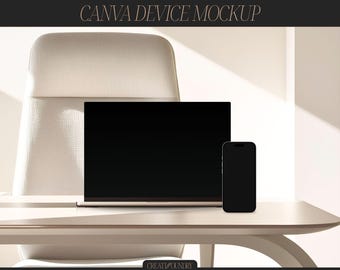 Canva Geräte Mockup Vorlage | iPhone & MacBook | Minimalistische Ästhetik | Work Station Interior | Produktmockup | Website Präsentation