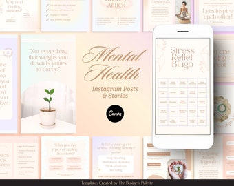 100 Stress & Anxiety Instagram Templates | Customizable in Canva | 60 Posts + 40 Stories | Mental Health Content for Therapists and Coaches