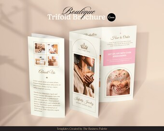Puede incluir: Un folleto tríptico para Infinity Jewelry, una boutique que presenta un logotipo de corona dorada y el texto "Your Logo Here". El folleto incluye imágenes de joyas, una modelo usando joyas y una descripción del negocio. El folleto también incluye una llamada a la acción para obtener un 15% de descuento con el código SPRINGSERIES.