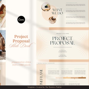 May include: A beige and brown presentation slide deck with the title "Project Proposal Slide Deck" and the text "What We Do" and "Objectives". The slide deck is designed with a modern aesthetic and features a sunburst pattern.