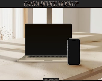 Canva Geräte Mockup Vorlage | iPhone & MacBook | Minimalistische elegante Ästhetik | Neutral Innen | Produktmockup | Website Präsentation