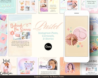 70 Instagram Posts & Stories für Boutique Businesses | Personalisierbar in Canva | Bunte Pastell Vorlagen für produktbasierte Marken