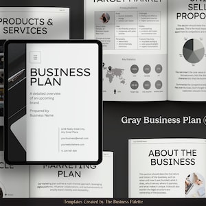 Plan de negocios gris para marcas profesionales / Personalizable en Canva / Plantilla de 50 páginas / Tamaños carta y A4 / Cuaderno de trabajo de marketing digital