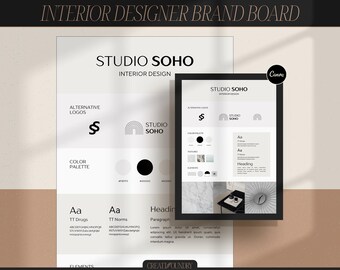 Innenarchitekten-Markenbrett | Canva Vorlage | Vorgefertigtes Branding Kit | Personalisierbares Stimmungsbrett für Design Studios | Moderner Logo Style Guide