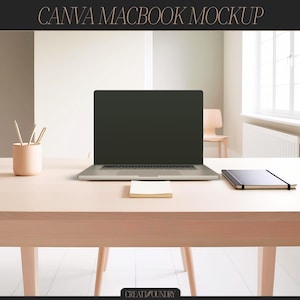 May include: A light wood desk with a closed laptop computer, a notebook, and a pencil holder with pencils on it. The laptop has a black screen and a silver case. The notebook is black and closed. The pencil holder is white and cylindrical. The desk is light wood and has a light wood frame.