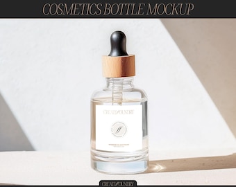 Maqueta de botella de cosméticos / Archivos PSD y JPG / Photoshop o Photopea / Gotero de suero de vidrio transparente / Marca de cuidado de la piel y belleza / Estética orgánica