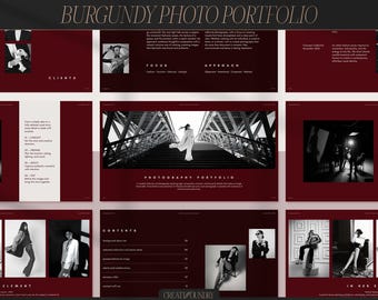 Burgundy Editorial Style Photography Portfolio Presentation | Customizable in Canva | 10 Slides | Templates for Photographers & Designers