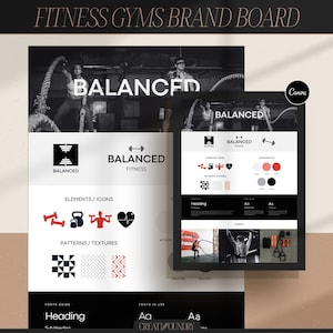 Tablero de marca de gimnasios de fitness / Plantilla Canva / Kit de marca prediseñado / Totalmente personalizable / Tablero de estado de ánimo para entrenador o gimnasio / Logotipo de entrenador personal