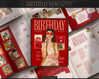 Elegantes Retro-Geburtstagsmagazin in Tiefrot und Beige | Anpassbar in Canva | 10 Seiten | A4-Format | Vollständig editierbar für jeden Anlass