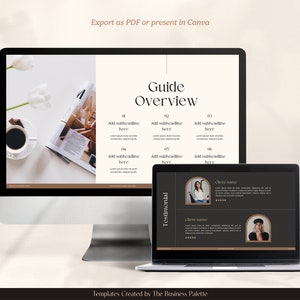 Pu&ograve; includere: Uno schermo di computer che mostra un modello di presentazione con il titolo "Guide Overview". Il modello ha un design minimalista con uno schema di colori marrone e nero. Lo schermo mostra anche una sezione di testimonianze con due recensioni dei clienti.