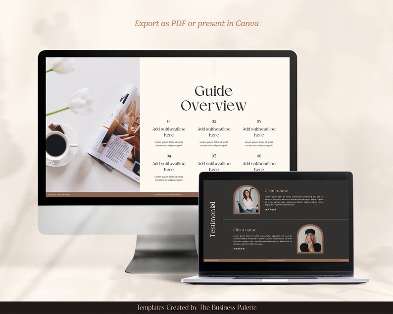 Pu&ograve; includere: Uno schermo di computer che mostra un modello di presentazione con il titolo "Guide Overview". Il modello ha un design minimalista con uno schema di colori marrone e nero. Lo schermo mostra anche una sezione di testimonianze con due recensioni dei clienti.