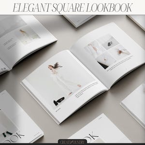 May include: A white square book with the title "ELEGANT SQUARE LOOKBOOK" on the cover. The book is open to reveal a page with a photo of a woman wearing a white dress and a page with a photo of jewelry.