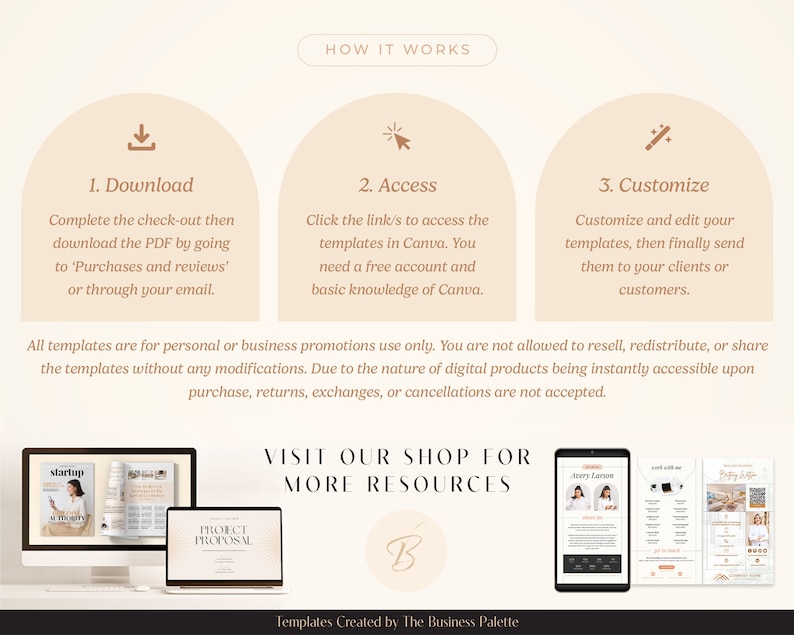 Pu&ograve; includere: Una grafica che mostra come utilizzare i modelli digitali. La grafica presenta tre passaggi: scarica, accedi e personalizza. La grafica include anche una call to action per visitare il negozio per ulteriori risorse. La grafica include immagini di modelli digitali per una rivista di avvio, una proposta di progetto, una newsletter via e-mail e un post sui social media.