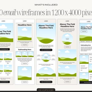 May include: A digital design featuring 10 email wireframes, each in a vertical layout with a light background. The wireframes include placeholders for logos, headlines, images, and call-to-action buttons. Text on the image states "10 email wireframes in 1200 x 4000 pixels."