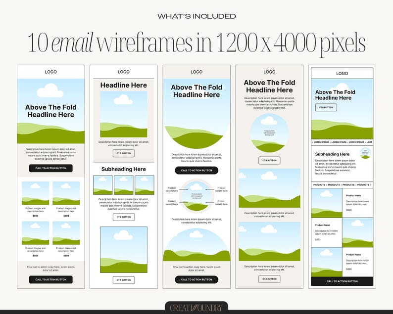 May include: A digital design featuring 10 email wireframes, each in a vertical layout with a light background. The wireframes include placeholders for logos, headlines, images, and call-to-action buttons. Text on the image states "10 email wireframes in 1200 x 4000 pixels."