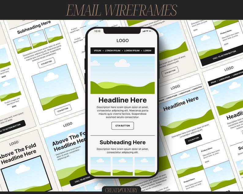 May include: A smartphone displaying an email wireframe design, surrounded by other wireframe layouts. The phone screen shows a headline, subheading, and a call-to-action button. The text "EMAIL WIREFRAMES" is at the top.