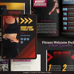 May include: A black and red welcome guide for a fitness team. The guide includes a welcome message, a list of recommended supplements, and a section on getting started. The guide also includes a sample meal plan and workout techniques.