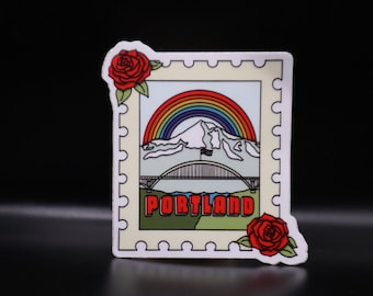 Portland, Oregon Decorative Postage Stamp Sticker | Pacific Northwest, Bridge, Rainbow, PNW, Travel | Designed in Seattle by VeeStudioCo