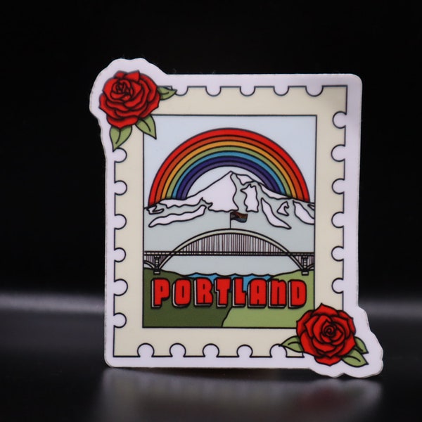 Portland, Oregon Decorative Postage Stamp Sticker | Pacific Northwest, Bridge, Rainbow, PNW, Travel | Designed in Seattle by VeeStudioCo