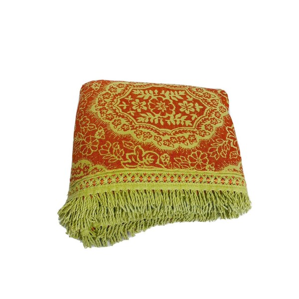 Antique Orange Jacquard Coverlet: Vintage Embroidered Fringe Bedspread (114x96)