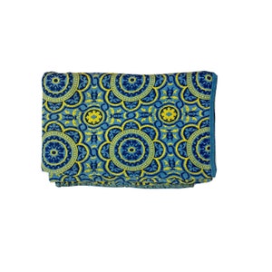 Vintage 1960s 70s Knit Coverlet Blanket Quilt Bedding Floral Blue Yellow Rare Flowers Pattern Print Retro Terry Cloth Large Bedspread
