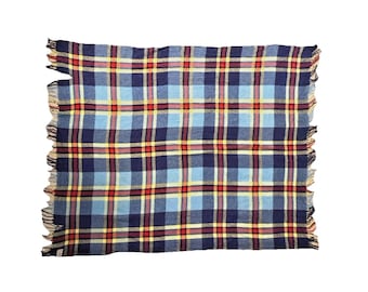 Vintage Troy Robe 100% Schurwolle Decke Karo Tartan Überwurf Fransen Blau Rot