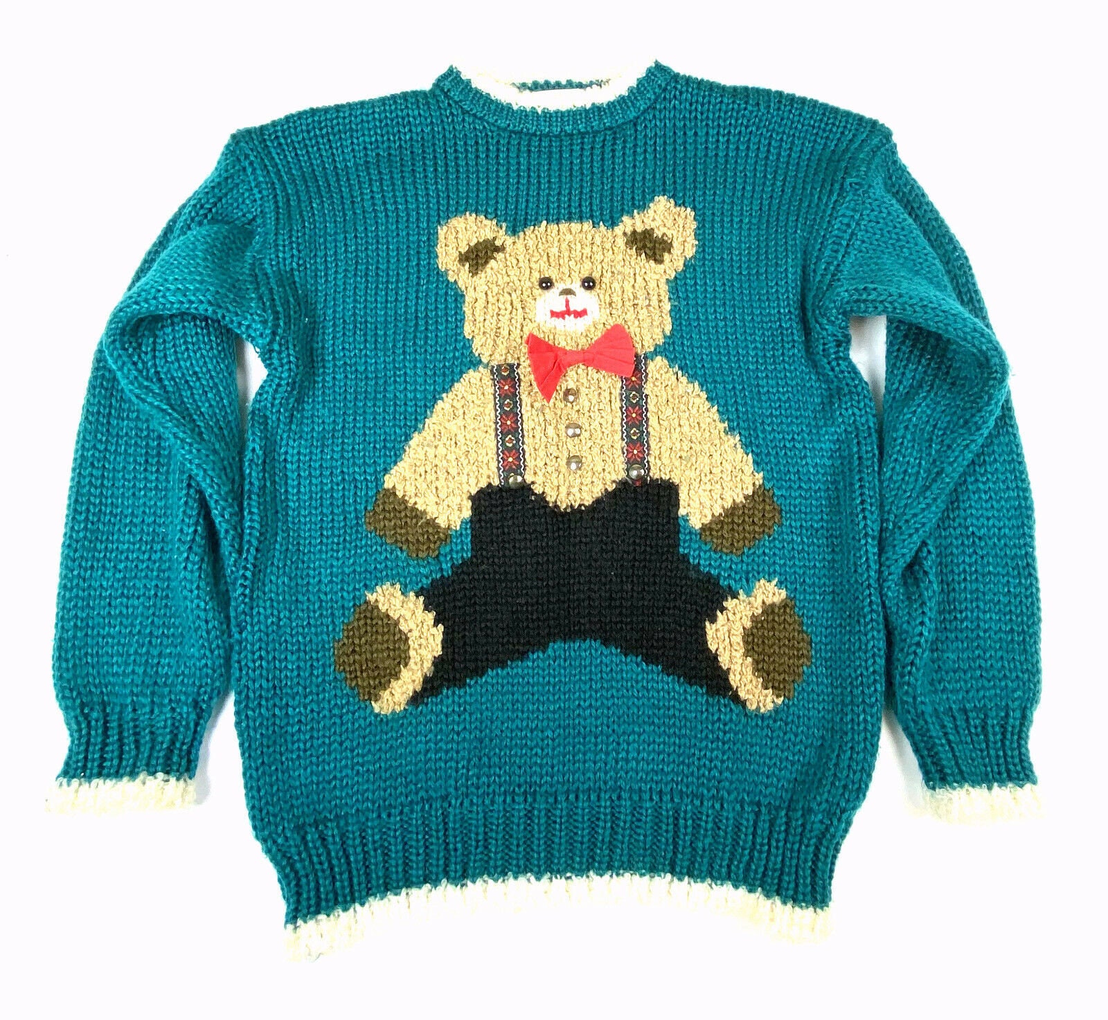 Heidi Womens S Vintage 1970s Hand Knit Teddy Bear Sweater Korea Green ...