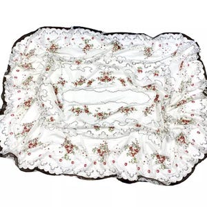 Vintage Delicate Lace Tablecloth Oval White Red Floral Sheer Large Doily 53 x 78 Flowers Intricate Designer Border Trim Fancy Victorian