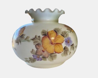 Vintage Milk Glass Lamp Shade Hand Painted Globe Hurricane Flowers Ruffle Top