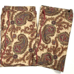 Pair Vintage 1980s 1990s Custom Handmade Paisley Print Curtains Drapes 2 Panels Red Brown Tan Scalloped Colorful Pattern Luxury High End