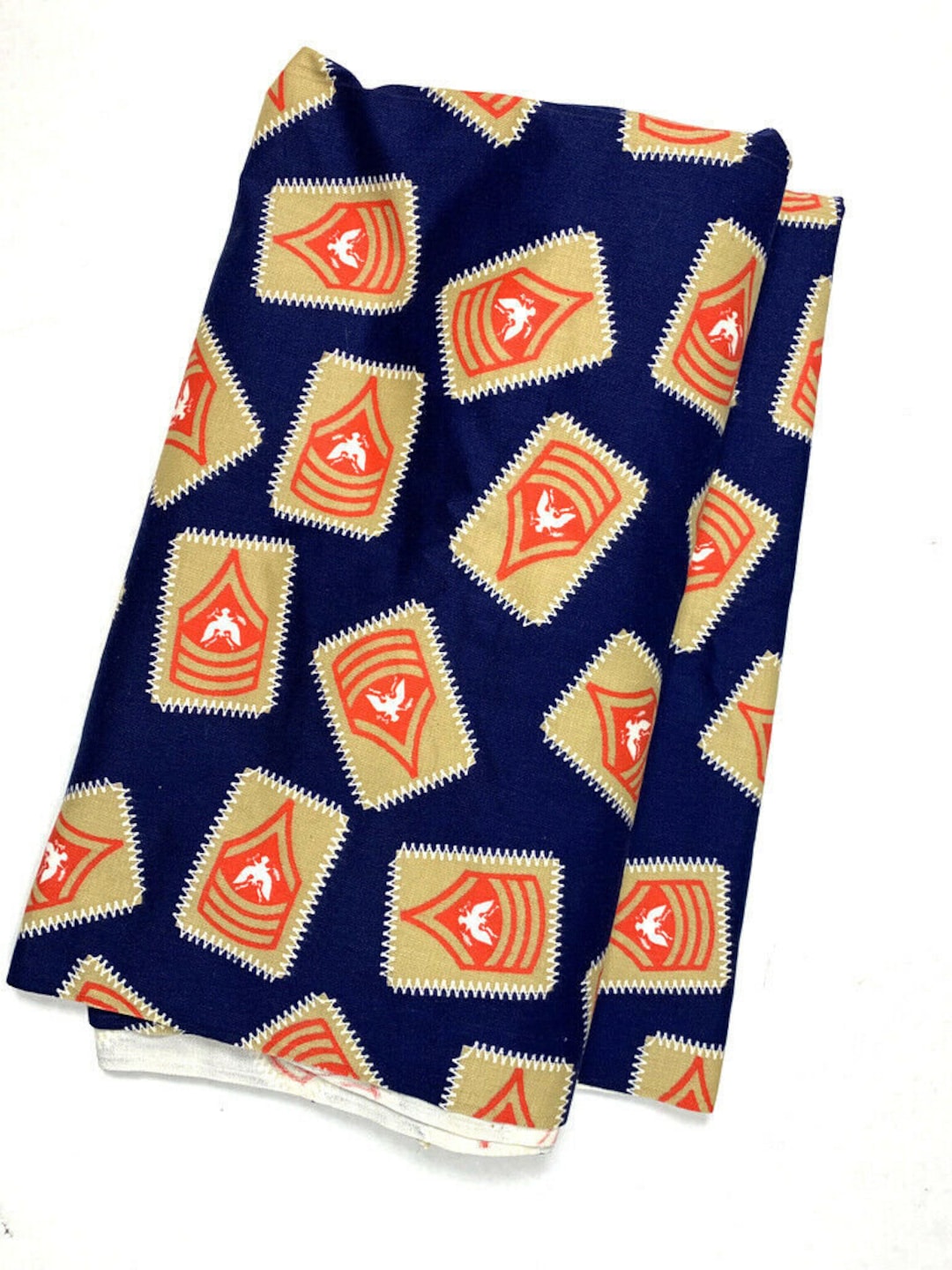 Vintage Eagle Coat of Arms Fabric Remnant 44 X 182 Blue Red Tan Bird