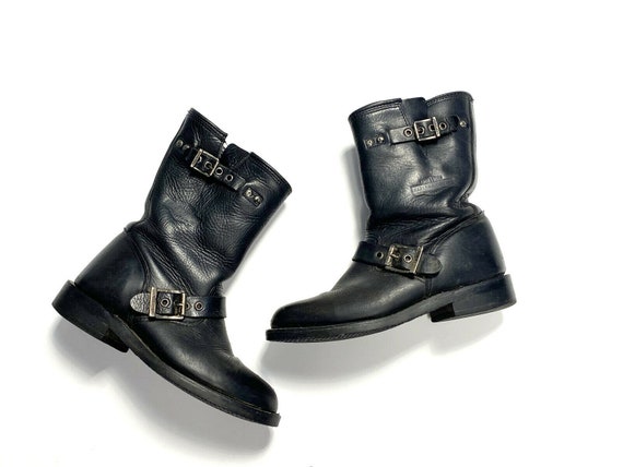 Harley Davidson Womens 7 Vintage 90s Biker Boots Low Shaft Black Leather Buckles Moto Motorcycle Edgy Tough Mid Calf Grunge Shoes Retro