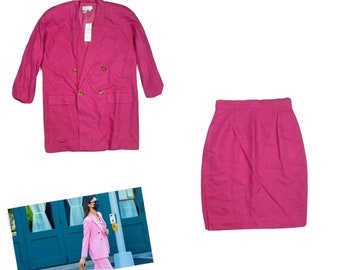 Gorgeous Vintage New 1990s 1980s Oversized Womens Suit Jacket Pencil Skirt Pink Big Set Old Stock Gold Buttons Double Breasted Clothing