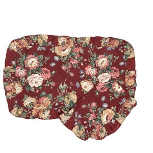 2 Luxury Vintage 70s Ruffled Pillowcases Shams Large King Red Floral Print Pair Pair Traditional Country High End Flowers Discontinued Retro