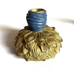 Vintage Set 3 Keramik Kerzenständer Kerzenständer Blau Gold Blumen Kornblumen handbemalt Home Dekor Tischplatte Kleine Einzigartige Figur 3D