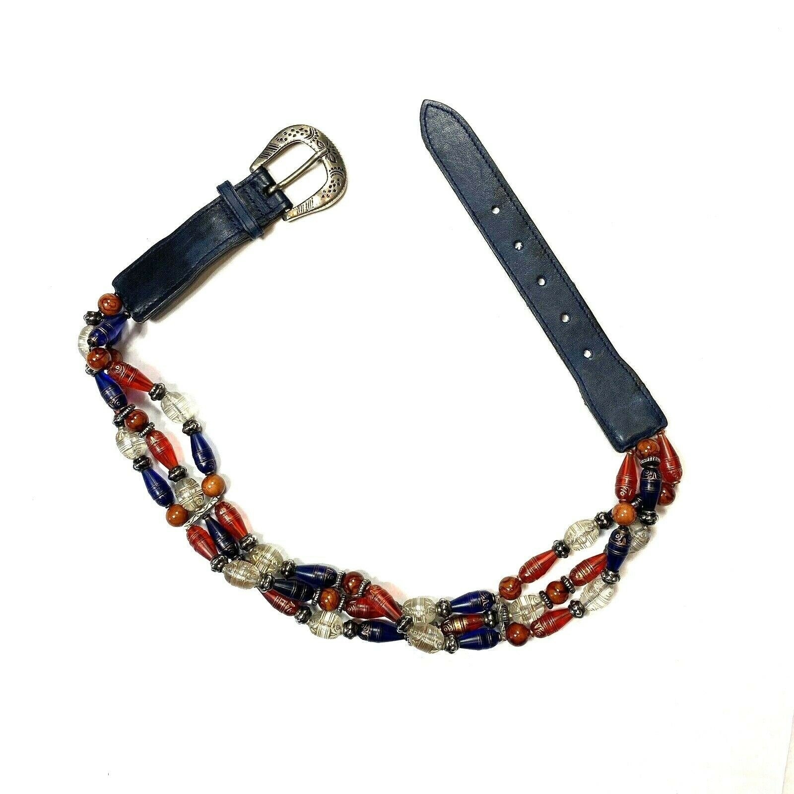 Vintage 90s Navy Leather Beaded Belt: Retro Statement Piece  display picture 3