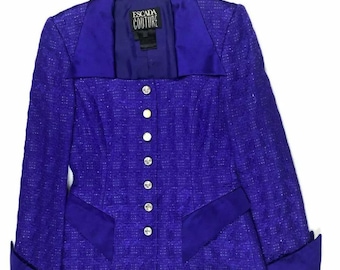 Escada Couture Vintage 1980s Womens 34 4 Purple 2 Pc Suit Skirt & Jacket Set Retro Power Cuffs Square Neck Rare HTF