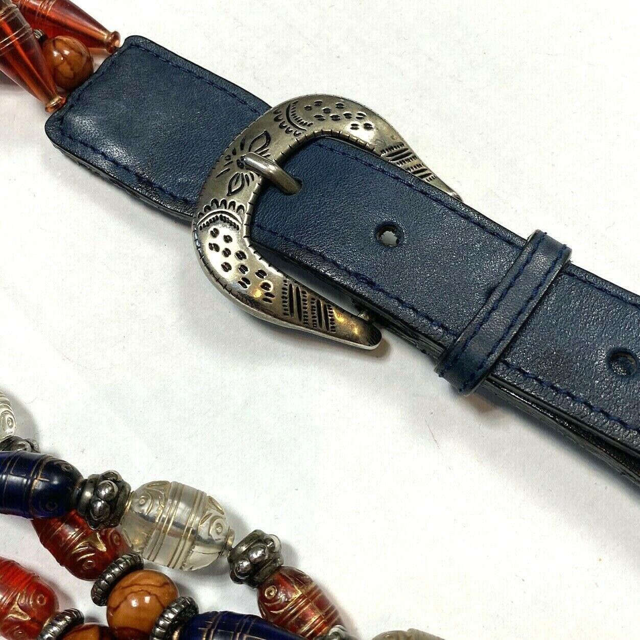Vintage 90s Navy Leather Beaded Belt: Retro Statement Piece 