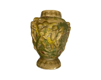 Jarrón vintage de cerámica con forma de querubín: cerámica pintada y ornamentada