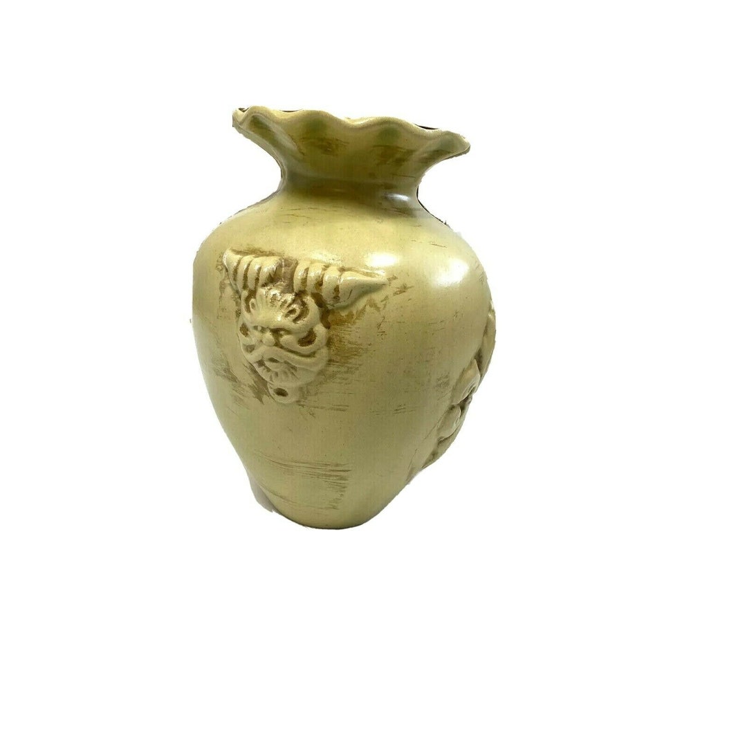 Vintage Large Green Vase Ceramic Pottery Grotesque Figural Heavy Carved