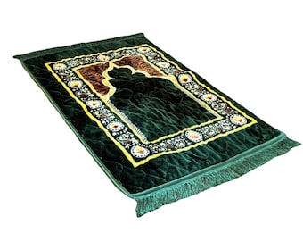 Impresionante alfombra decorativa de terciopelo verde, acolchada, con flecos, para la memoria de la familia, alfombra de oración, decoración del hogar.